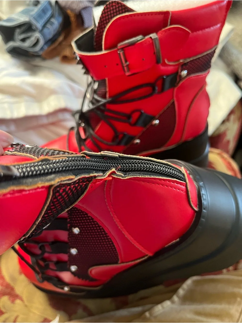 Red Studded Platform Combat Boots - Women - Picture 2 of 5